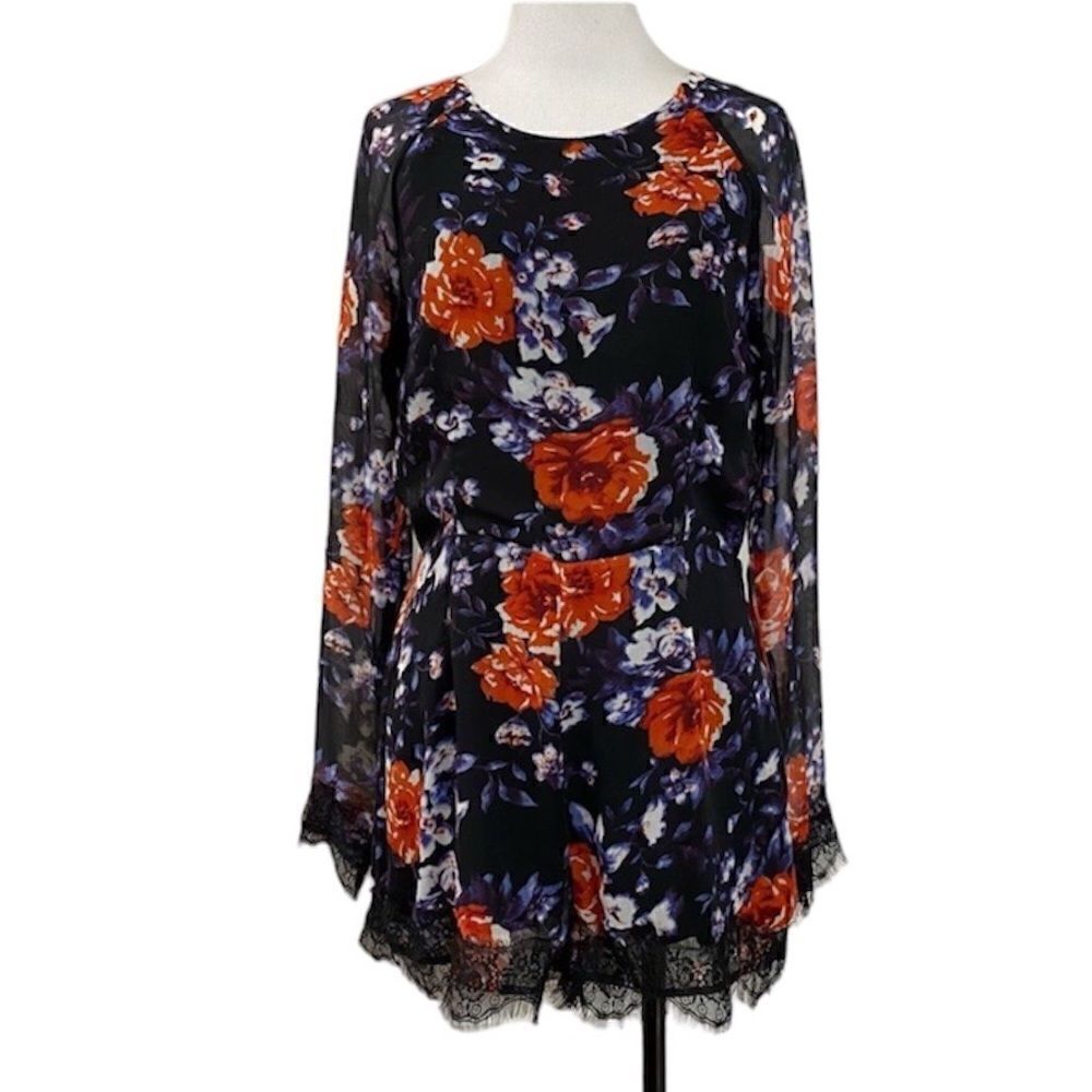 Love Sadie Floral Sheer Sleeve Romper Lace Trim